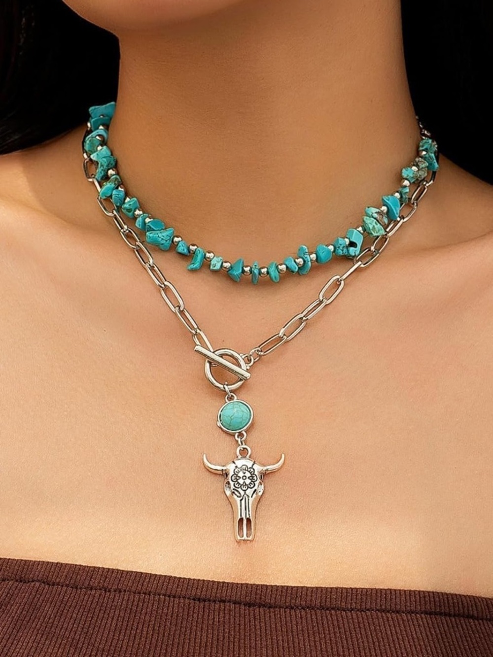 Turquoise Stone Layered Bull Pendant Necklace - Women Jewelry